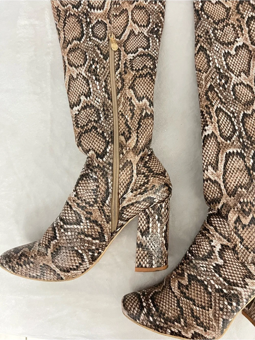 Snake Print Thigh High Block Heel Boots - Brown (read description)